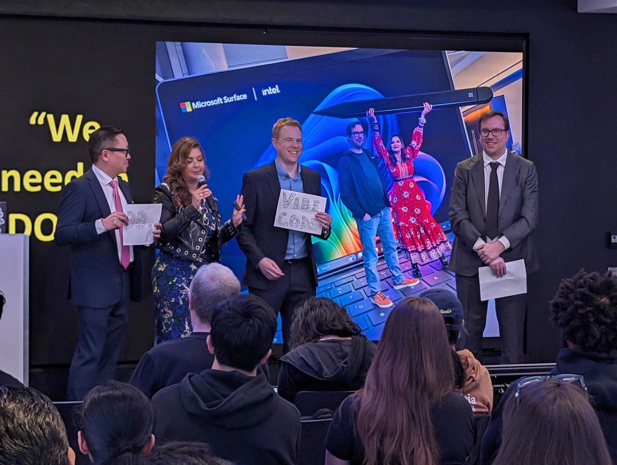 On stage with fellow speakers at a Microsoft event