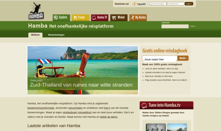 The original Hamba travel website, with its green navigation, Thailand feature, travel diaries, and Hamba TV